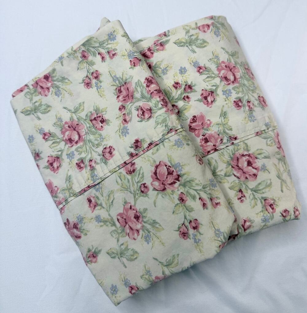 Vtg Eddie Bauer Home 2 Standard Pillowcase Cream Pink Roses Cottage Shabby Chic